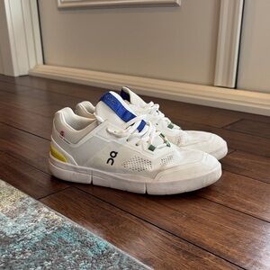 On Running Kids White Sneakers with Blue and Yellow Accents